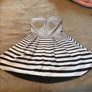 Black and white striped strapless dress